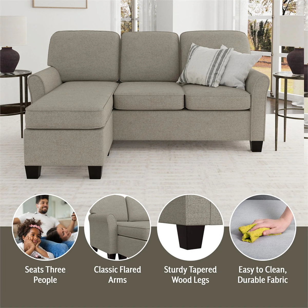 Reversible Sectional Chaise Greige Brown Fabric Q53179