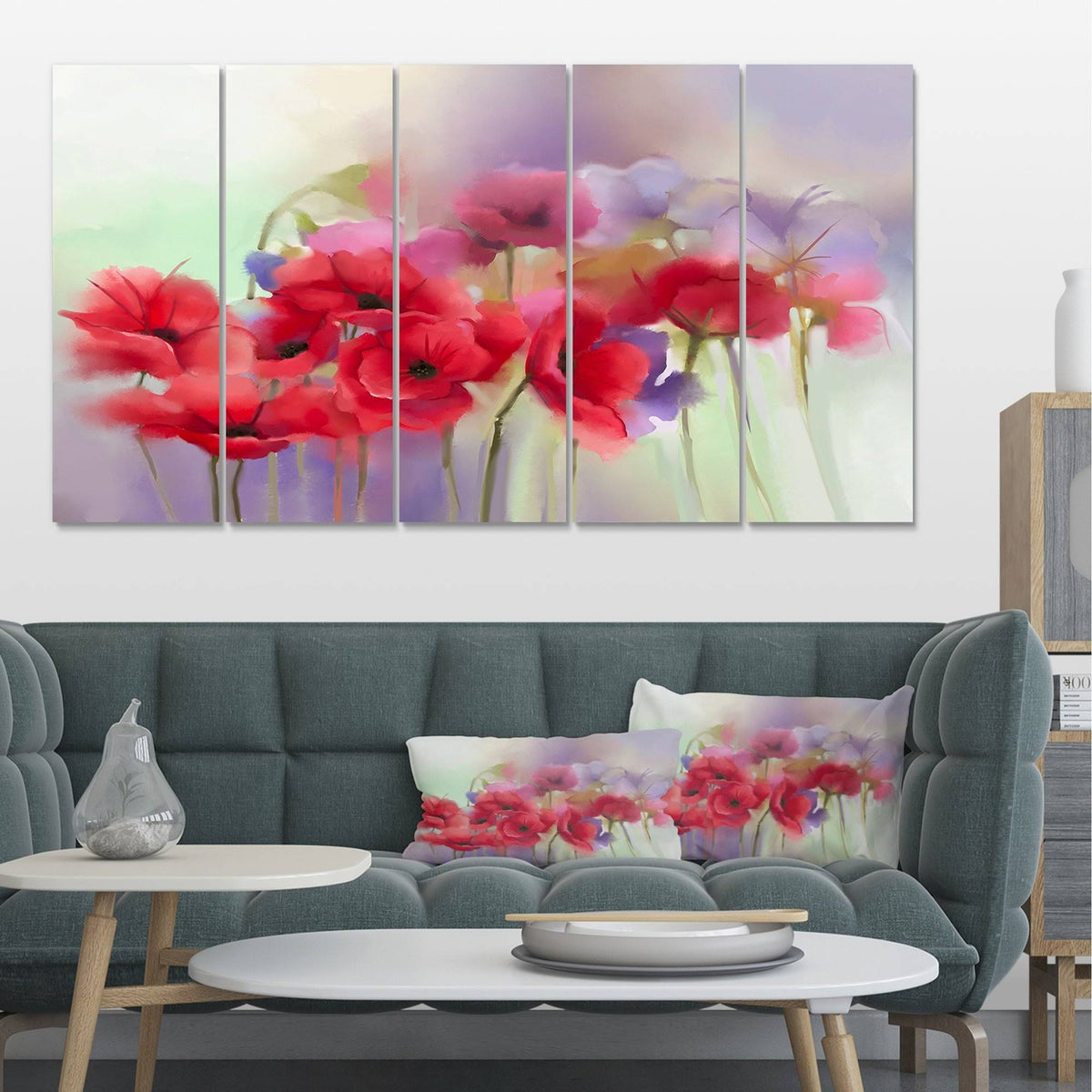 Watercolor Red Poppy Flowers 5 Piece Canvas Painting Set V846466