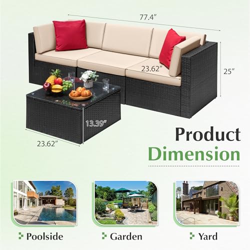 6 Piece Rattan Wicker Patio Sofa Set with Glass Table and Cushion U6066