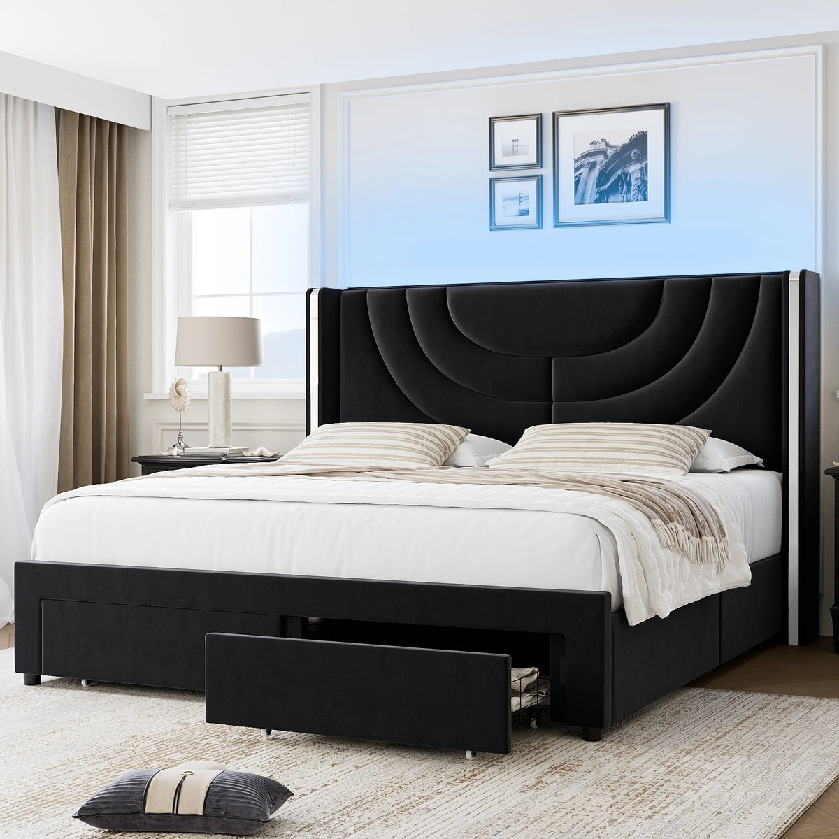 Full Size Velvet Upholstered Platform Bed Frame with 2 Drawers T4180