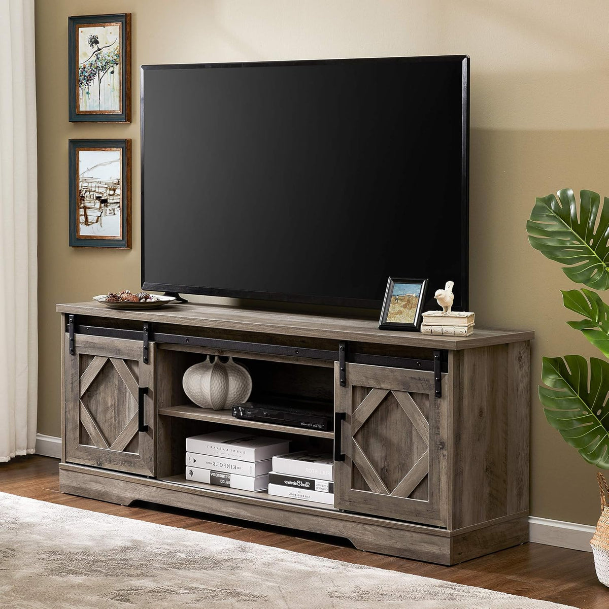 Farmhouse Sliding Barn Door TV Stand for TVs Up to 65 inch, Rustic Brown G9972