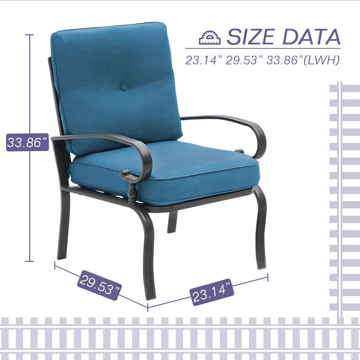 Patio Chairs Outdoor Wrought Iron Dining Chairs with Peacock Blue Cushions, Set of 2 H9997
