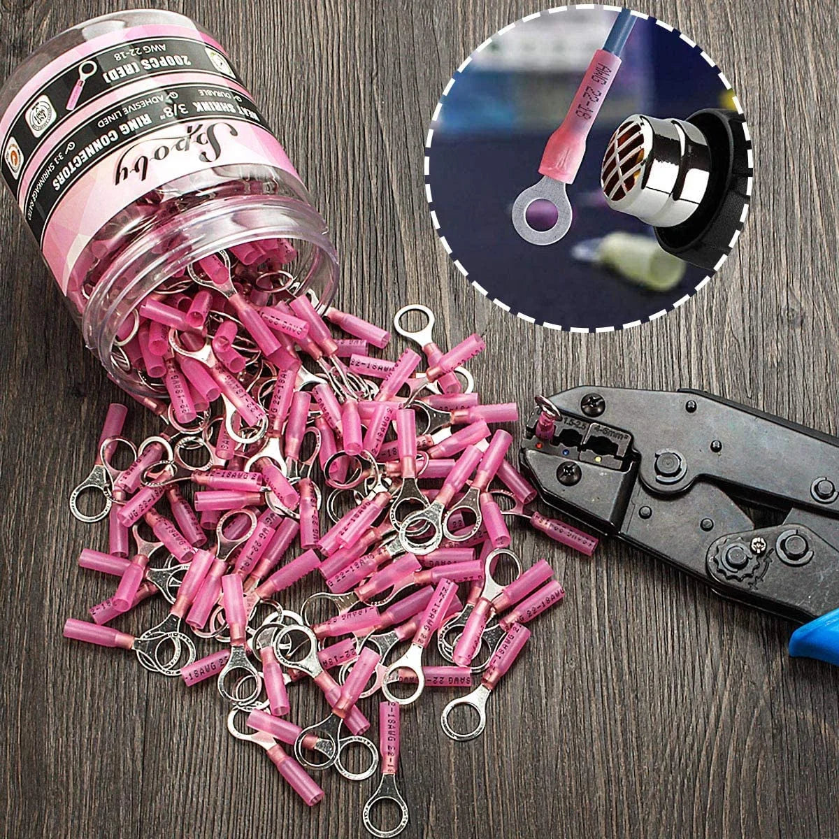 200PCS Heat Shrink Ring Connectors 3/8" Red 22-18 AWG M217