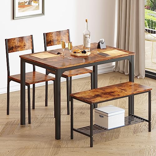 Rustic Oak 4 Piece Dining Table Set with Chairs and Bench Y36574