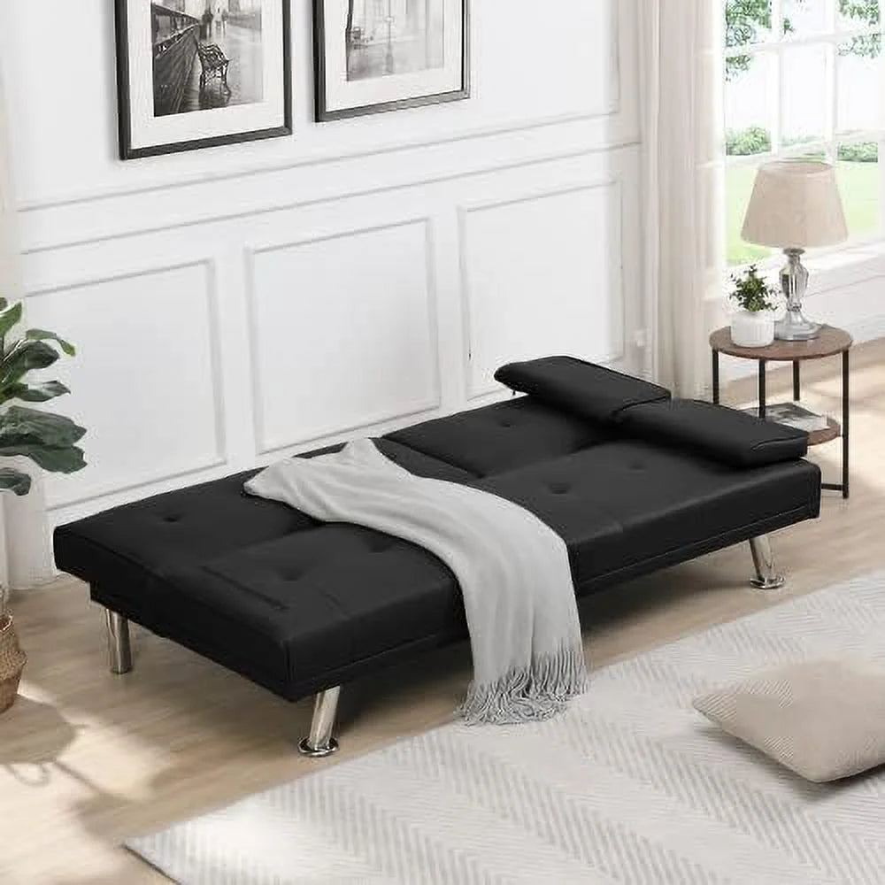 Convertible Folding Futon Sofa Bed with Metal Legs & 2 Cupholders G127958