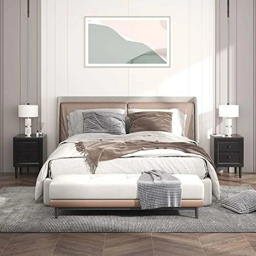 White Nightstand Set of 2 2-Drawer Bedside Tables with Solid Wood Legs K4110