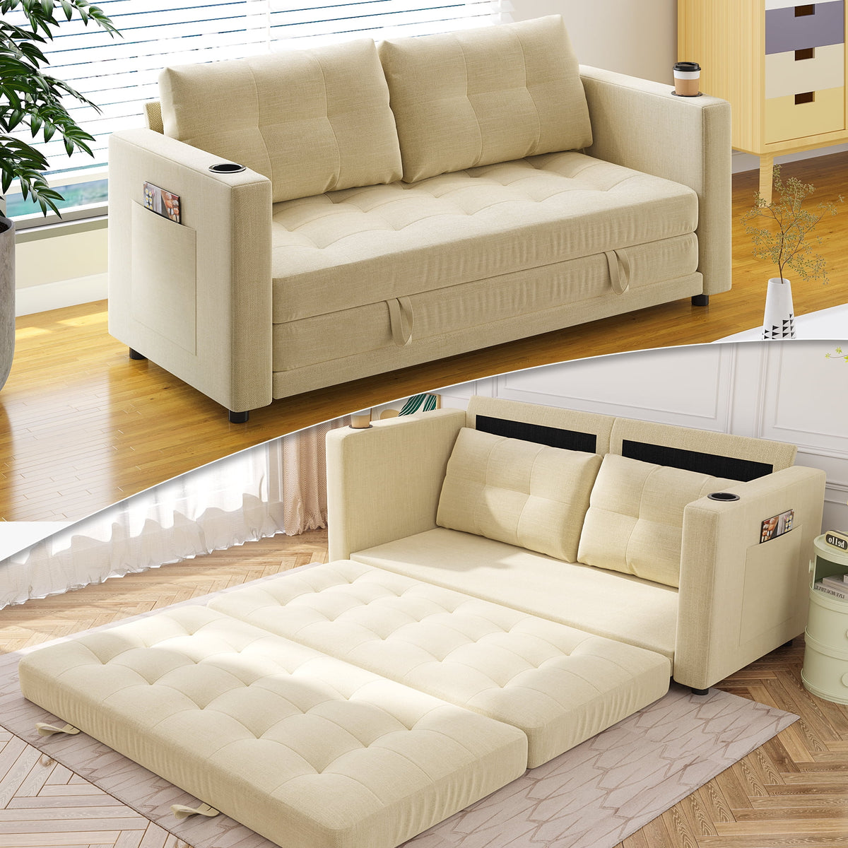 Beige Full Size Futon Sofa Bed H2982