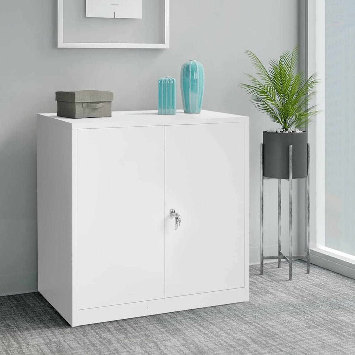 42 In White Metal Storage Cabinet with Locking Doors and 2 Adjustable Shelves C889226