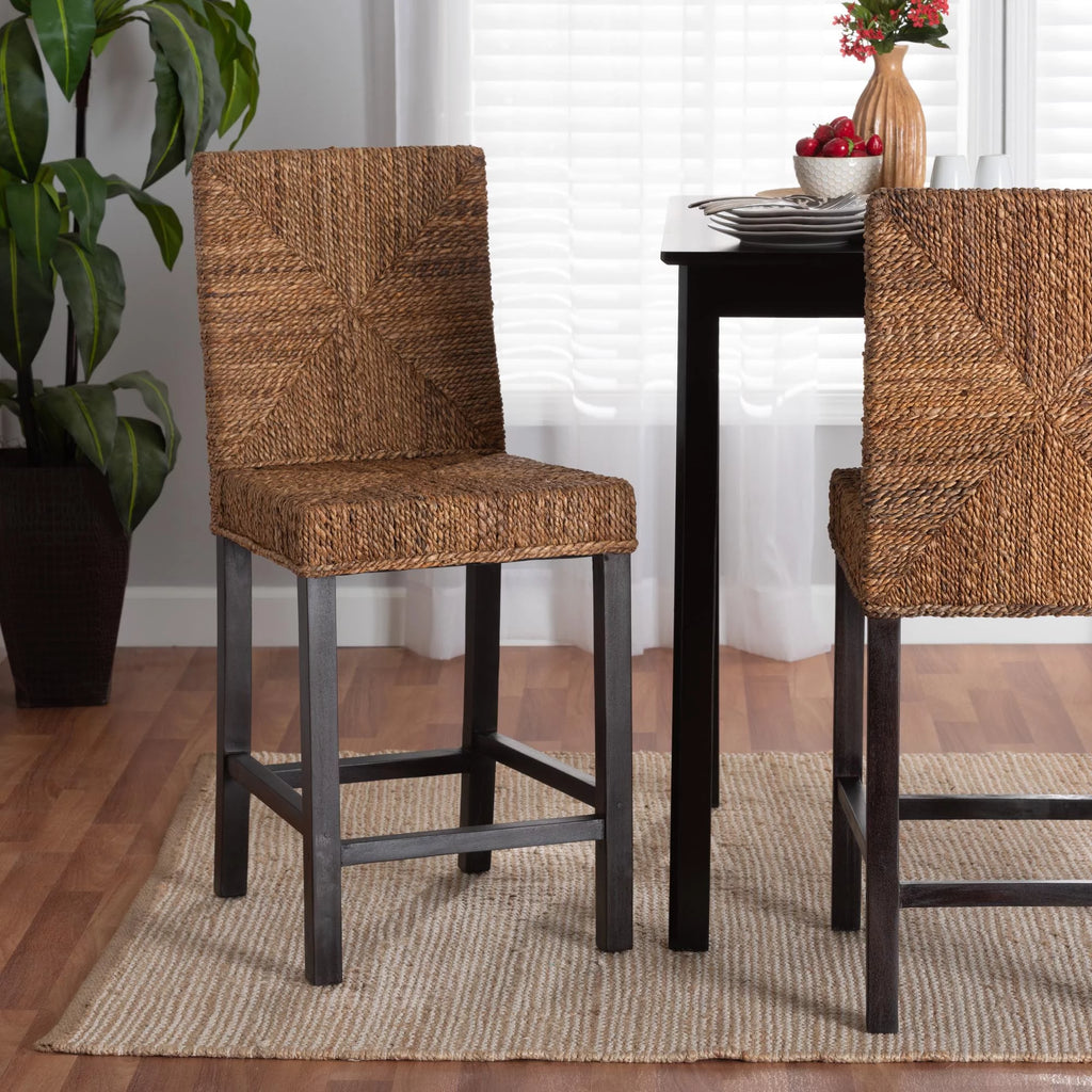 Dark Brown Mahogany Wood and Seagrass Counter Stool Q6697