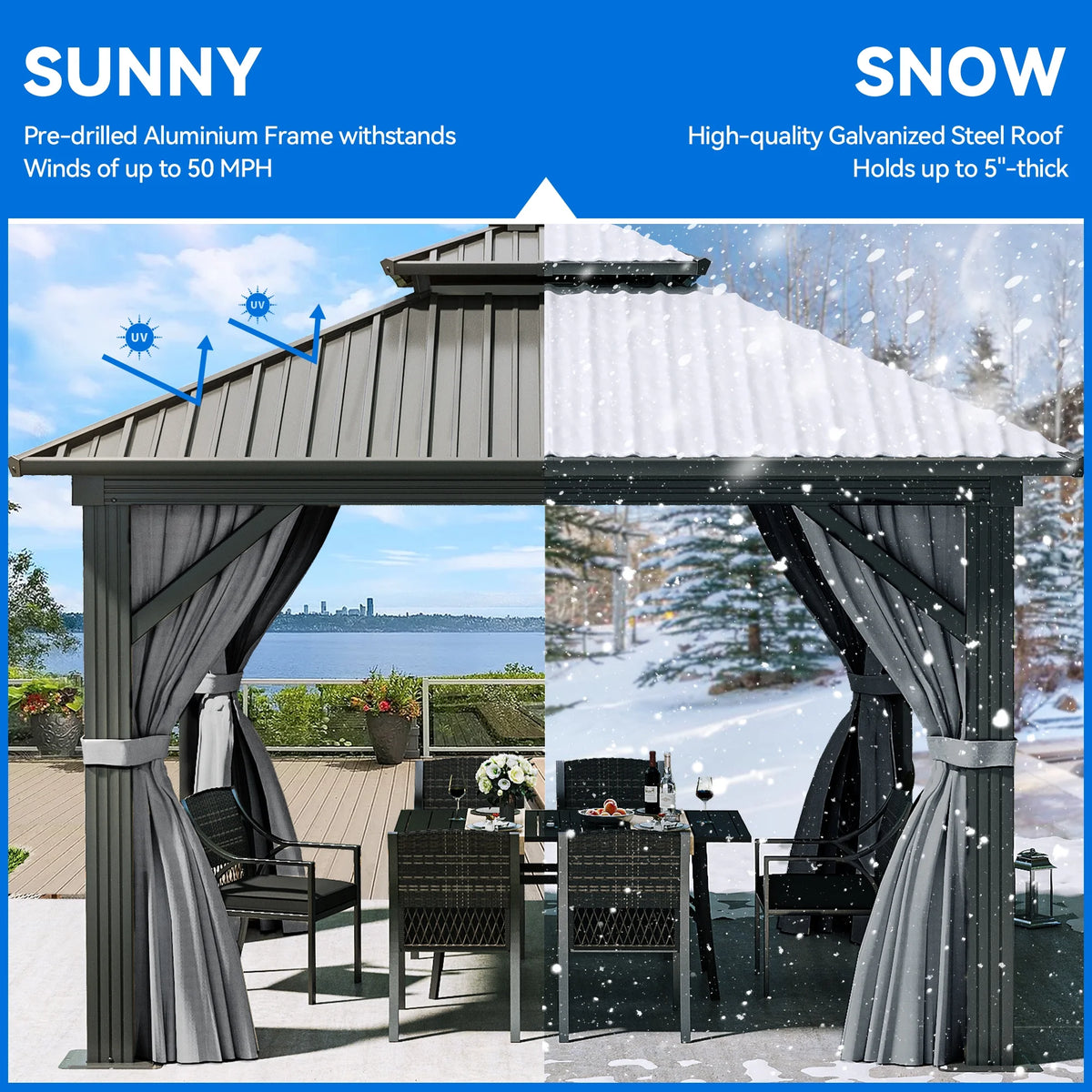 10x10ft Double Roofed Hardtop Metal Gazebo with Nettings and Curtains U2807