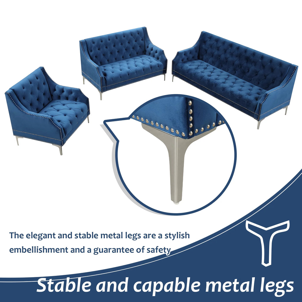 Blue Tufted Plush Upholstered Sofa with Metal Legs P637750