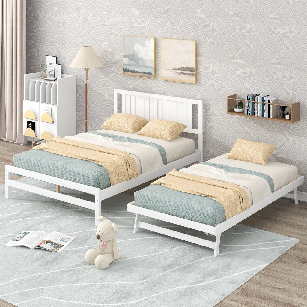 White Full Size Wood Platform Bed with Adjustable Trundle and Headboard Y88455