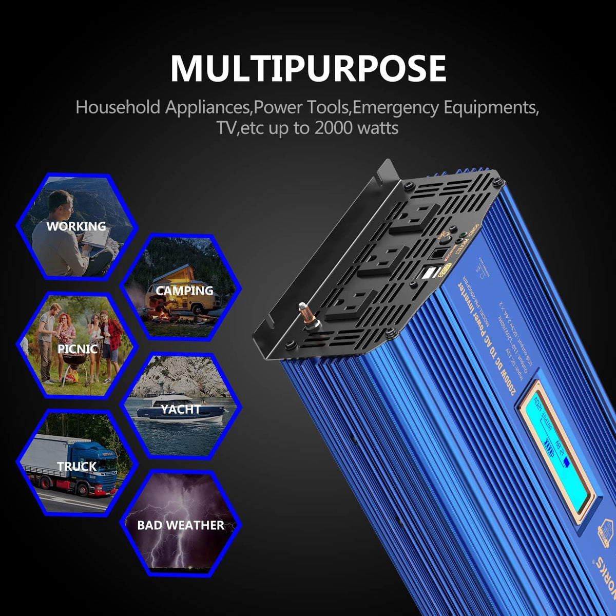 2000W Modified Sine Wave Power Inverter with LCD Display Remote Control 3AC Outlets Dual USB Ports G68138