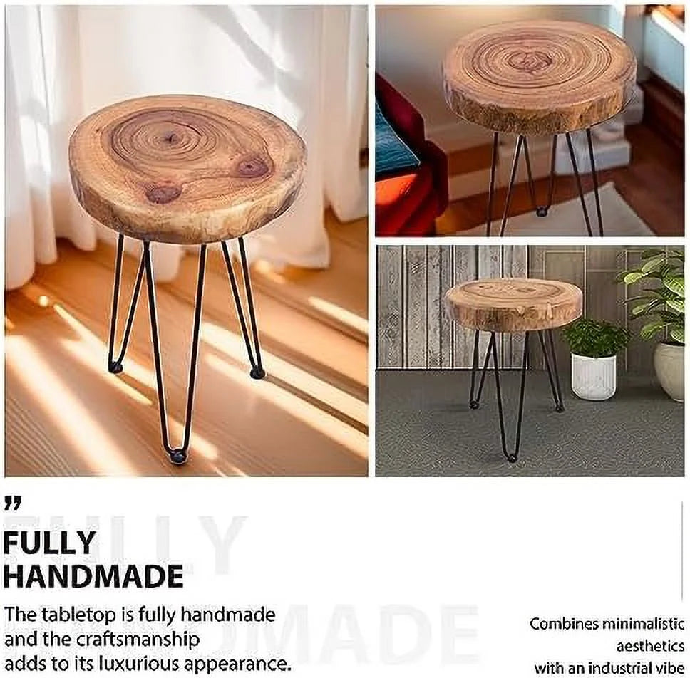 Rustic Old Elm Wood Round Accent Table with 3-Leg Metal Stand B9034