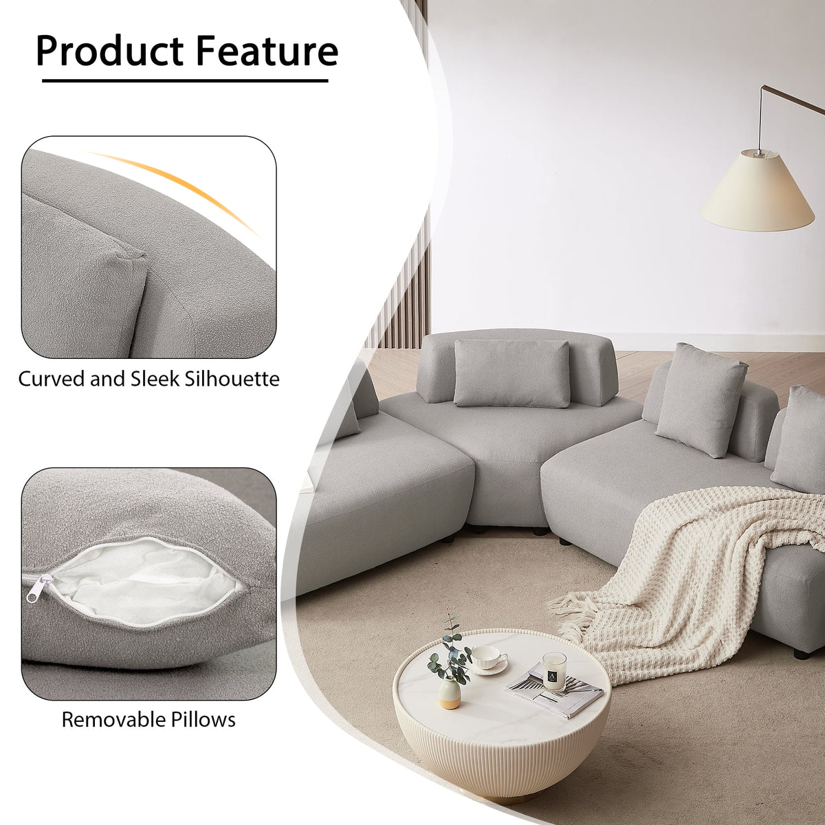 92.51" 3-Piece Grey Sectional Sofa with Removable Pillows H170