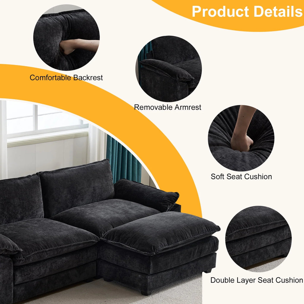 Gray-Blue Chenille L Shaped Sectional Sofa with Ottoman W46496