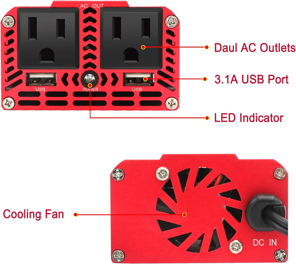 150W Car Power Inverter DC 12V to 110V AC with Dual USB Charger L61675