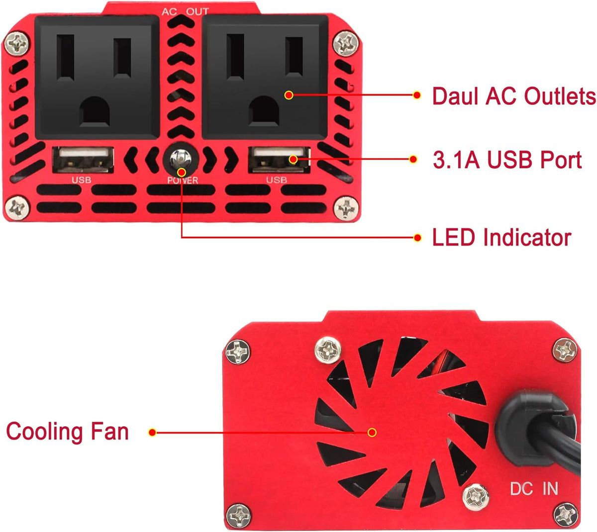 150W Car Power Inverter DC 12V to 110V AC with Dual USB Charger L61675