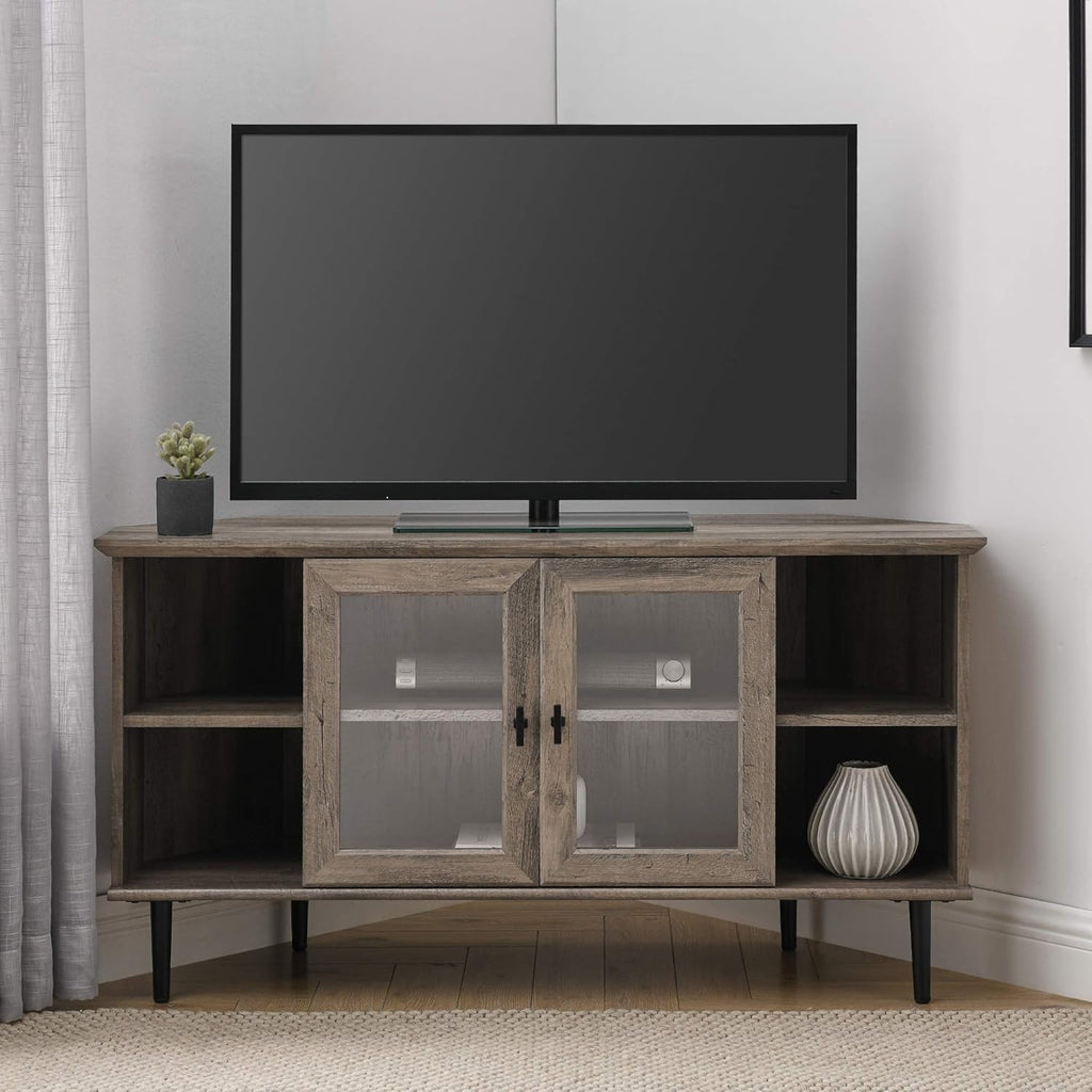 Dark Walnut 48 Inch Wood Corner TV Stand with Glass Cabinet Doors H9237
