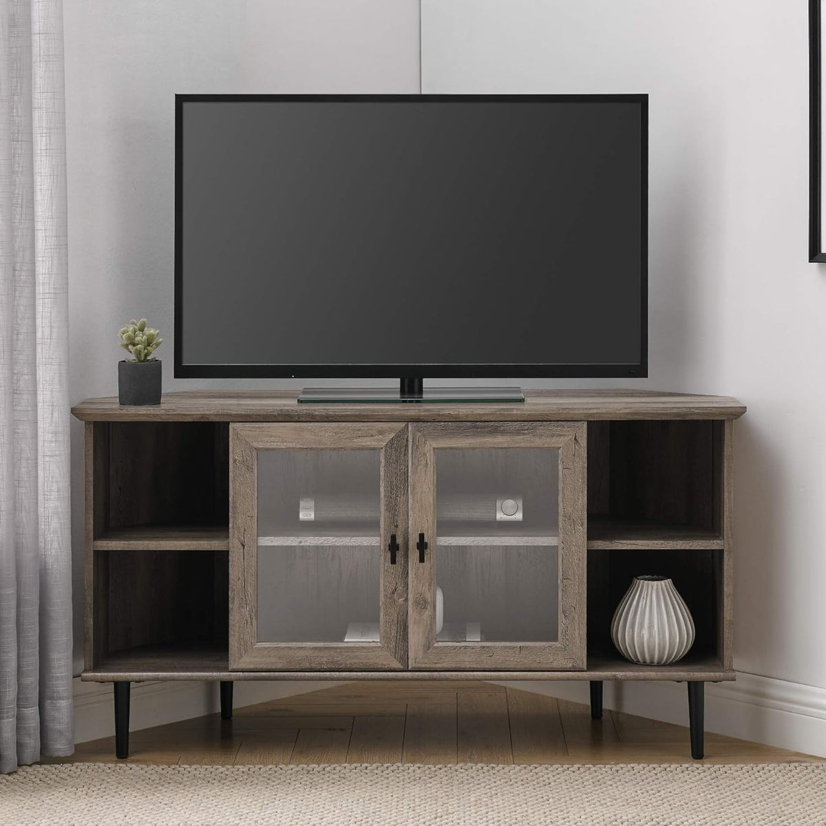 Dark Walnut 48 Inch Wood Corner TV Stand with Glass Cabinet Doors H9237