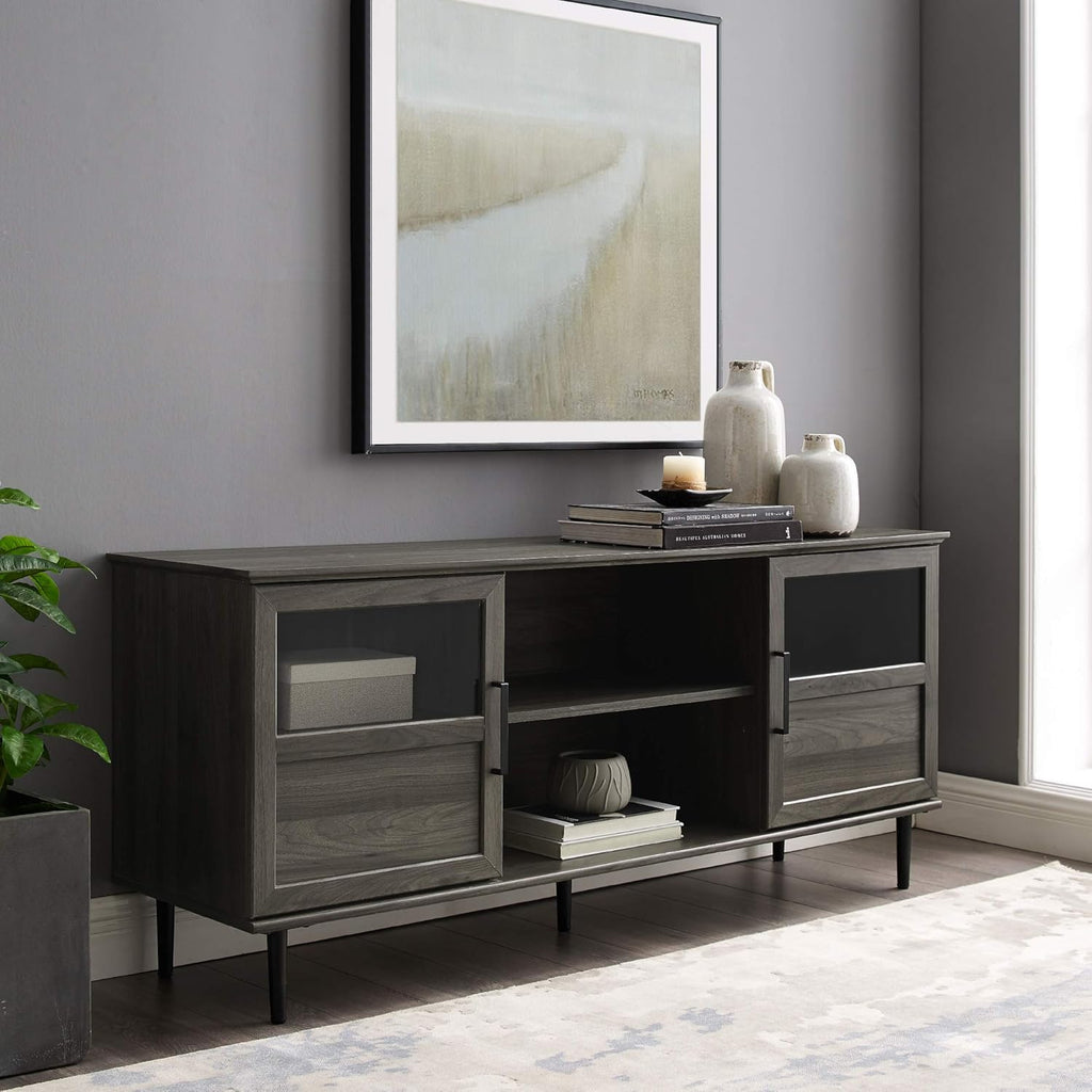 Dark Walnut 48 Inch Wood Corner TV Stand with Glass Cabinet Doors H9237
