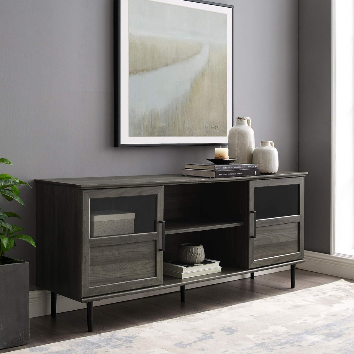 Dark Walnut 48 Inch Wood Corner TV Stand with Glass Cabinet Doors H9237