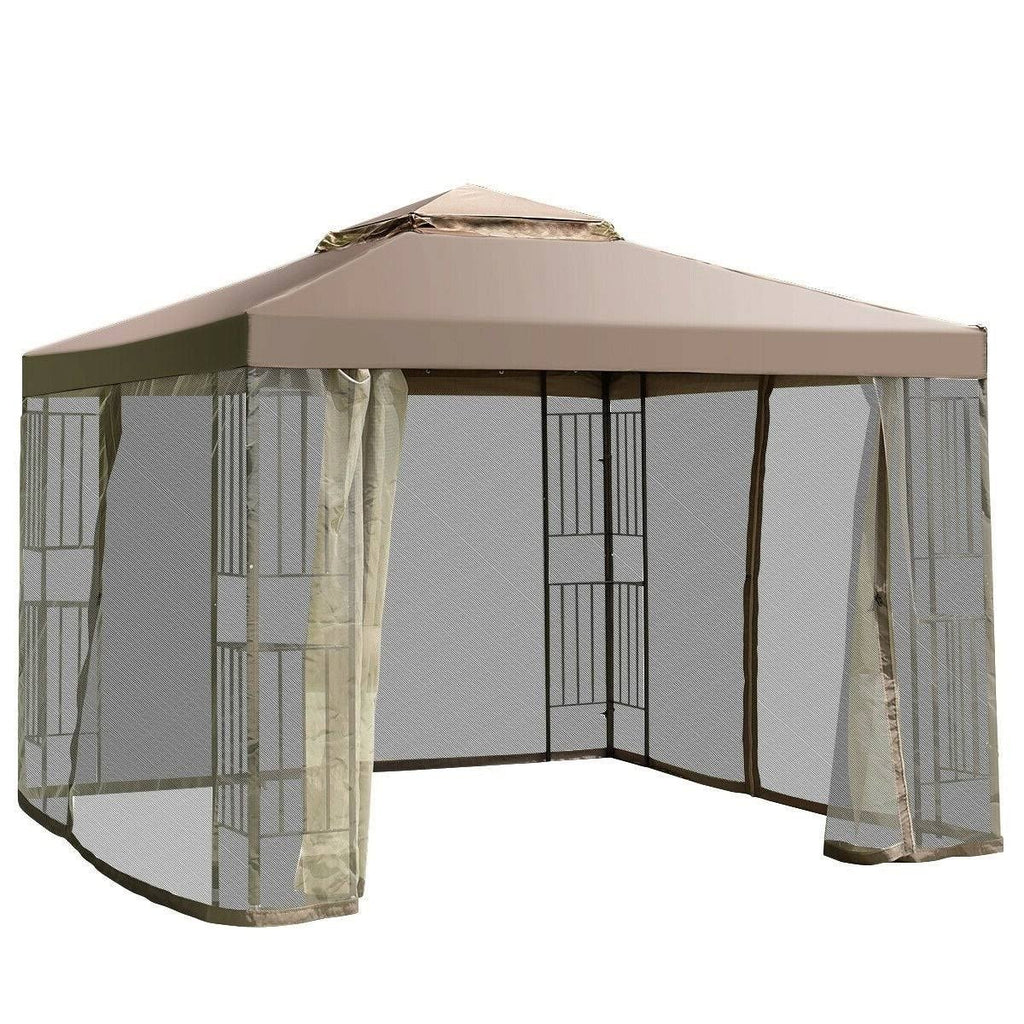 10 x 10 ft Outdoor Patio Gazebo with Taupe Brown Canopy and Mesh Sidewalls O759