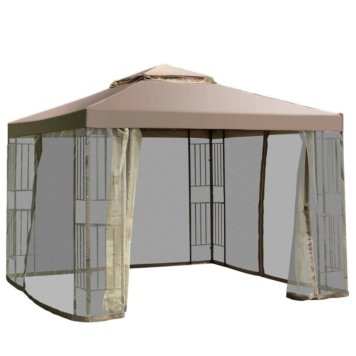 10 x 10 ft Outdoor Patio Gazebo with Taupe Brown Canopy and Mesh Sidewalls O759