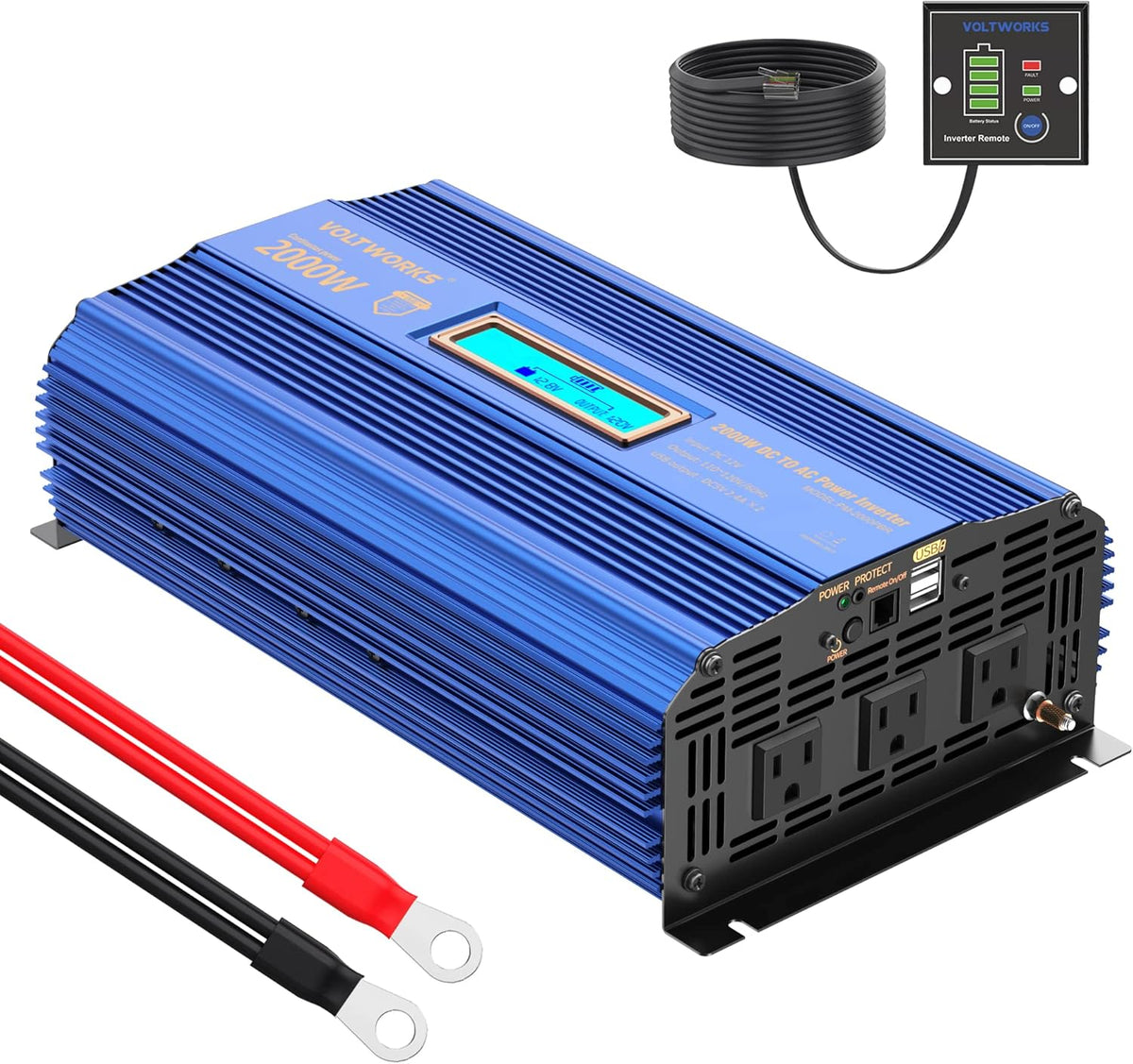 2000W Modified Sine Wave Power Inverter with LCD Display Remote Control 3AC Outlets Dual USB Ports G68138