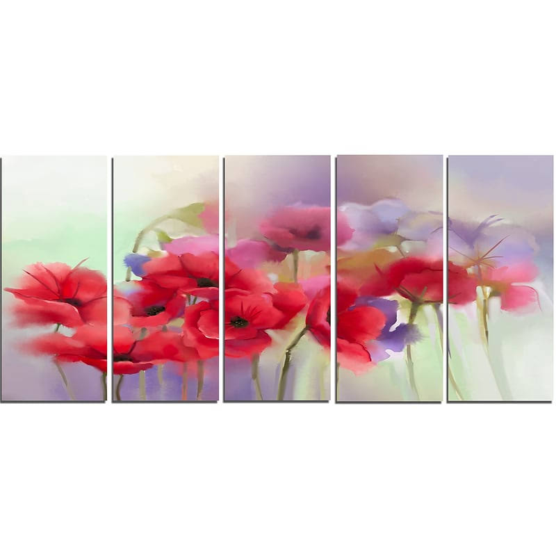 Watercolor Red Poppy Flowers 5 Piece Canvas Painting Set V846466
