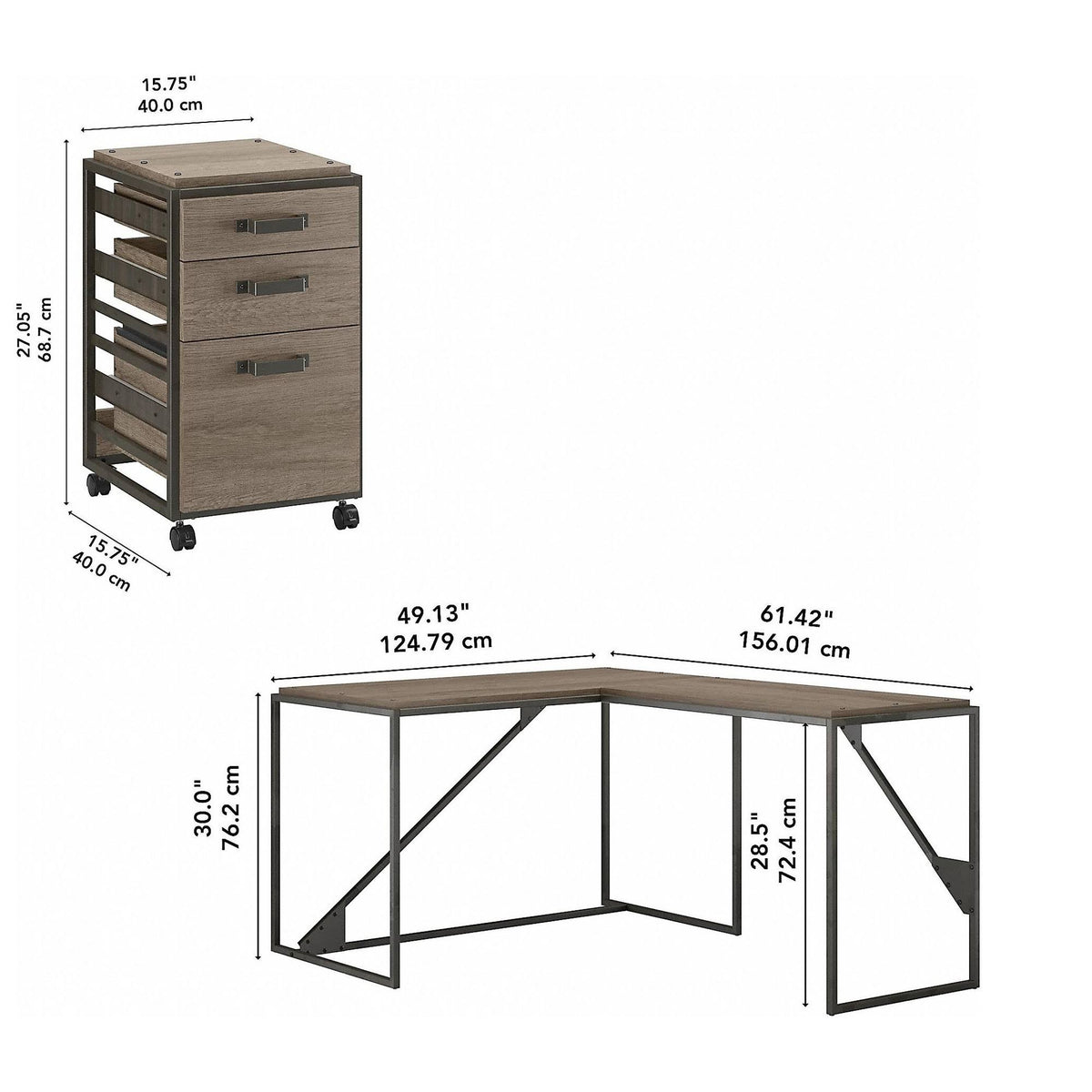 50W L Shaped Industrial Desk with 3 Drawer File Cabinet, Gray N69637