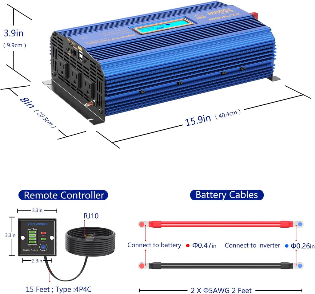 2000W Modified Sine Wave Power Inverter with LCD Display Remote Control 3AC Outlets Dual USB Ports G68138