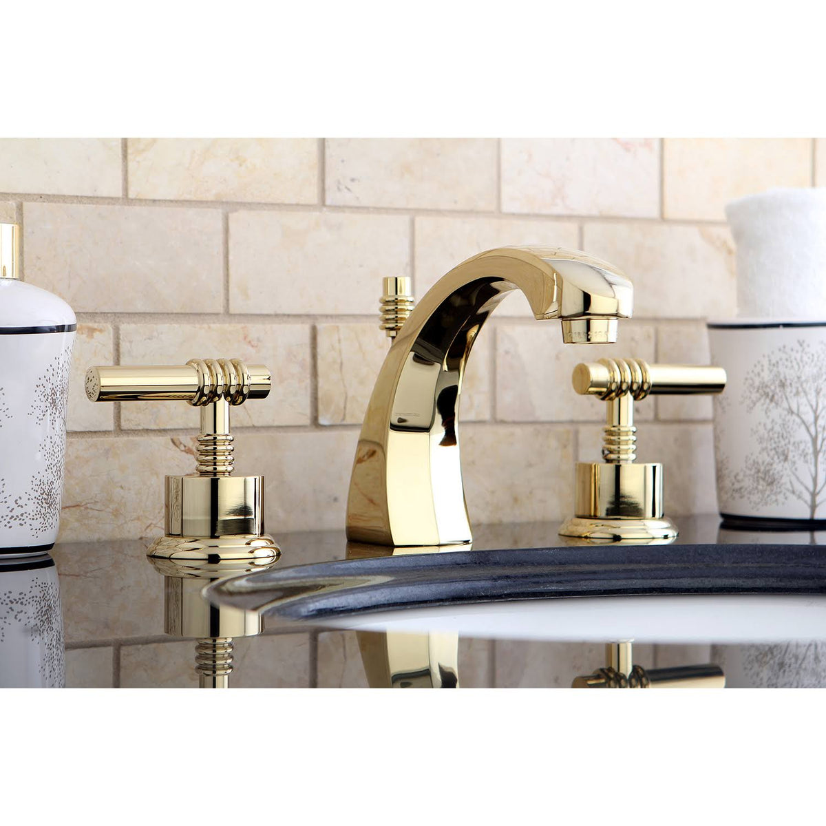 Polished Brass Two Handle Widespread Lavatory Faucet with Pop-Up B590780