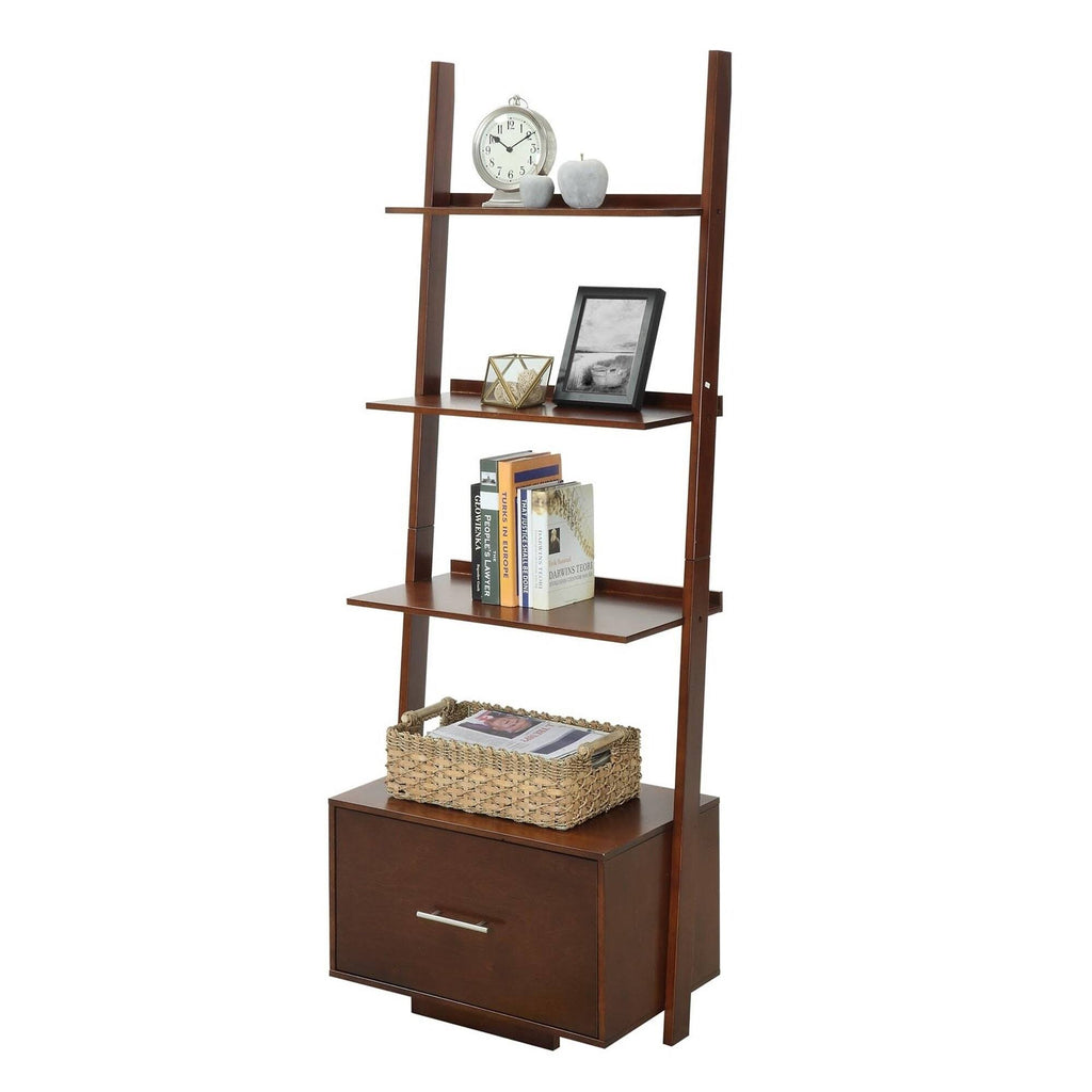 Espresso Ladder Bookcase with File Drawer W12138