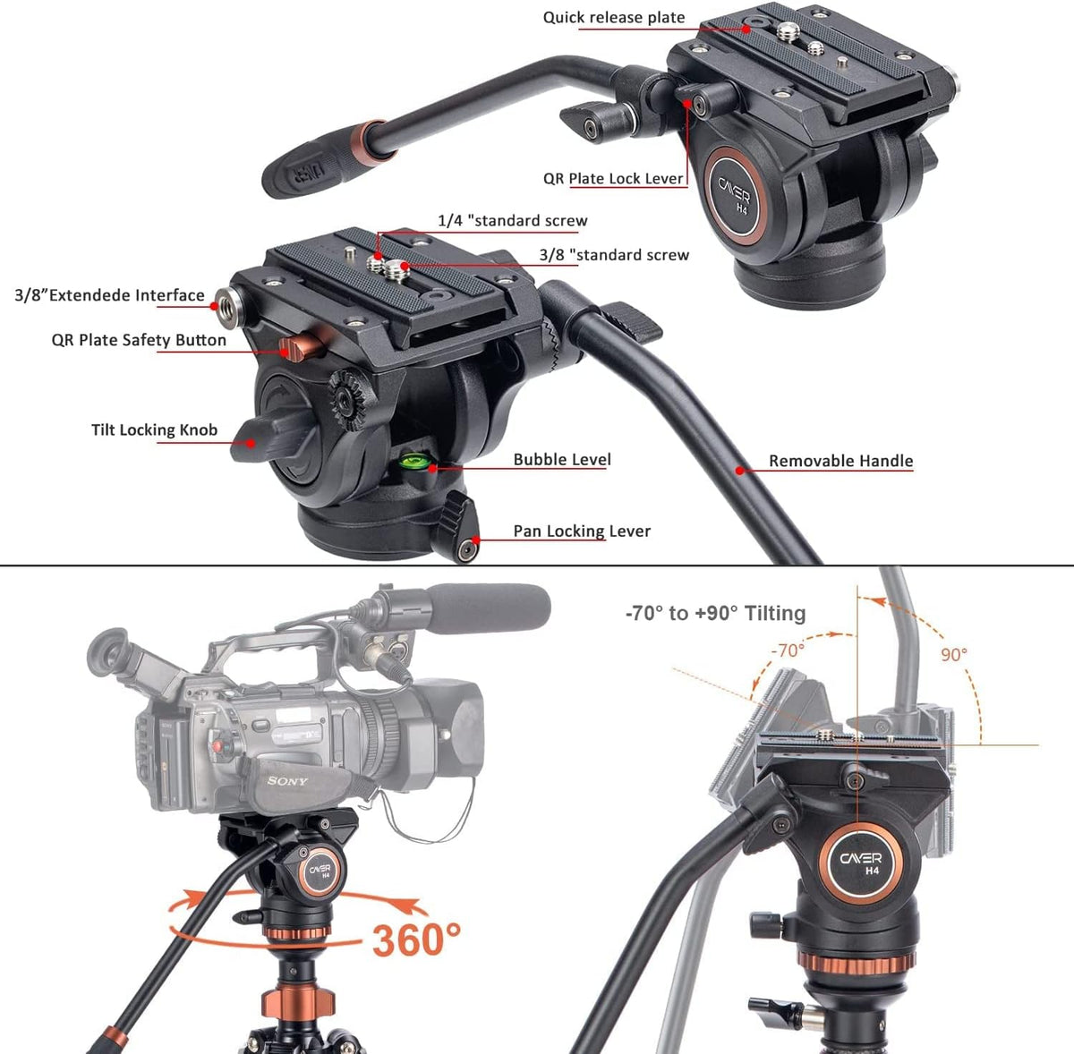Carbon Fiber 4-Section Video Tripod with Fluid Drag Head E2892