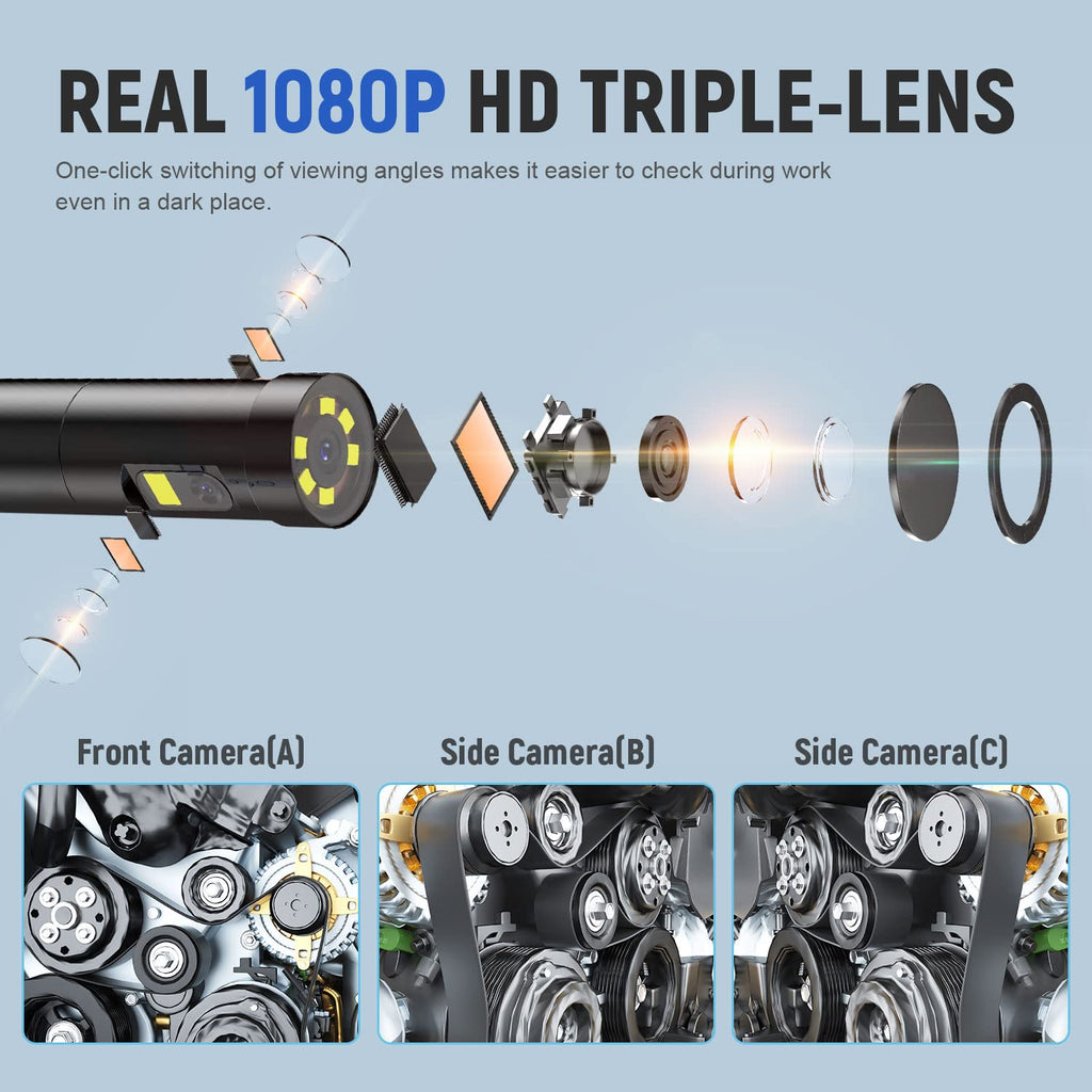 Triple Lens Industrial Endoscope Camera with 4.3'' IPS Screen 1080P HD Waterproof I40357
