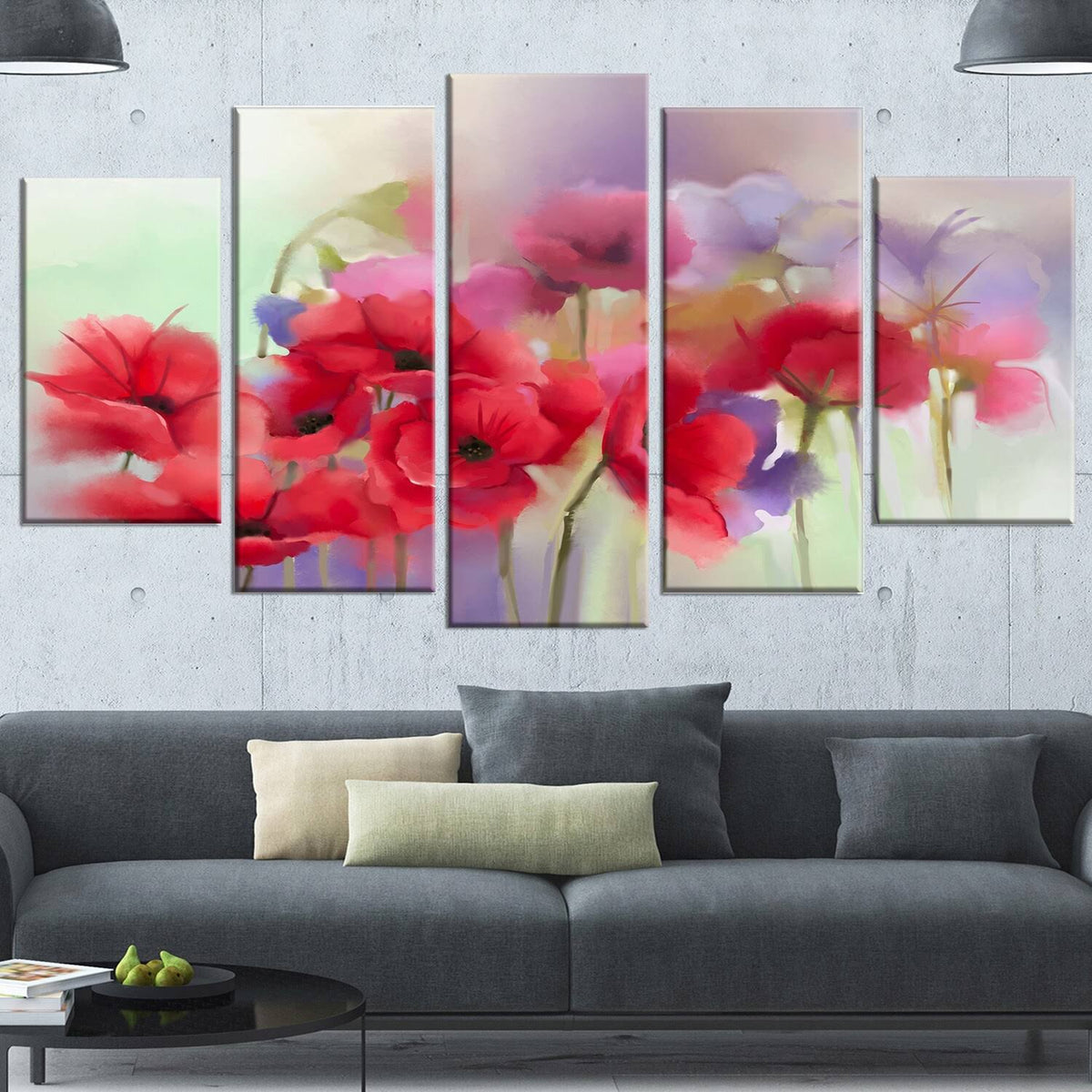 Watercolor Red Poppy Flowers 5 Piece Canvas Painting Set V846466