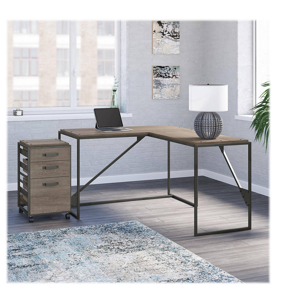 50W L Shaped Industrial Desk with 3 Drawer File Cabinet, Gray N69637
