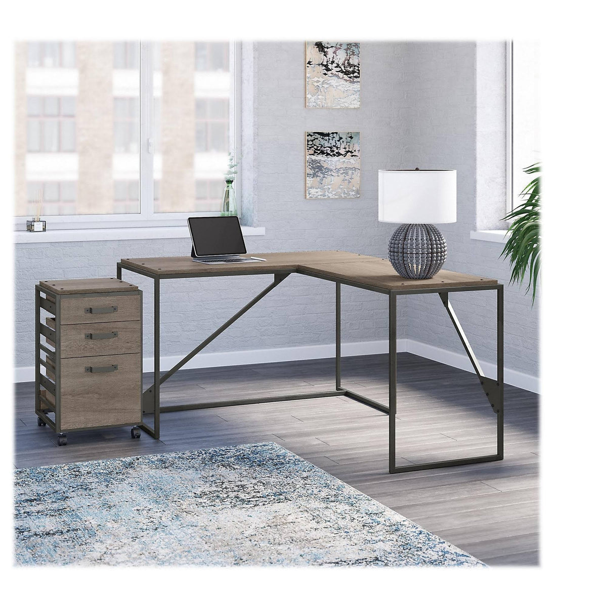 50W L Shaped Industrial Desk with 3 Drawer File Cabinet, Gray N69637