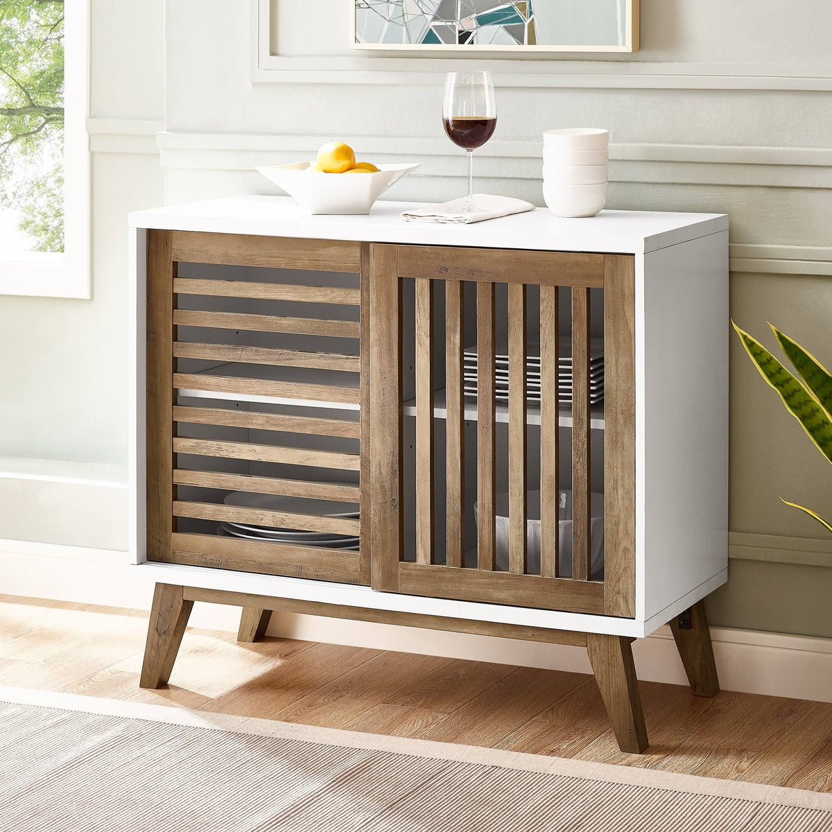 36x22 Two Shelf Laminate and Metal Accent Cabinet White with Rustic Oak B35667