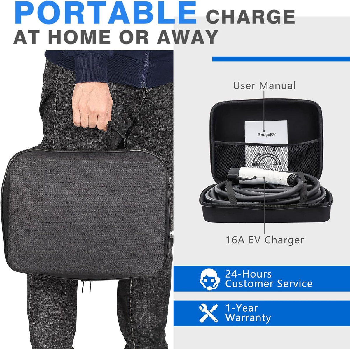 Level 1-2 EV Charger, 16Amp 25 Feet Portable Electric Vehicle Charger Y5608