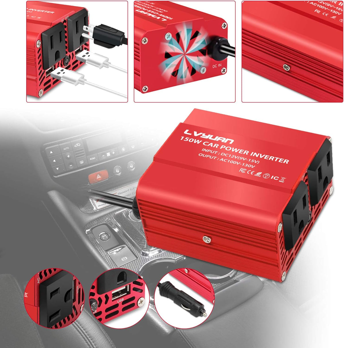 150W Car Power Inverter DC 12V to 110V AC with Dual USB Charger L61675