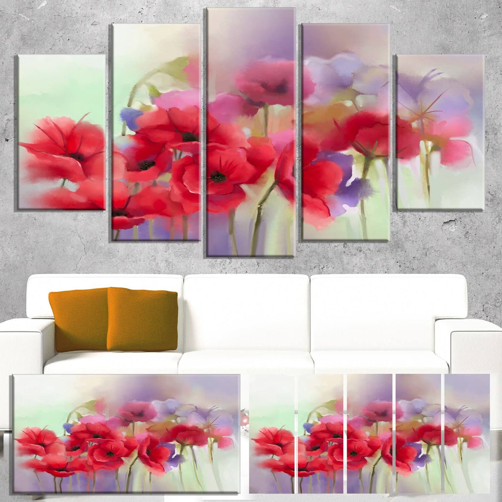 Watercolor Red Poppy Flowers 5 Piece Canvas Painting Set V846466
