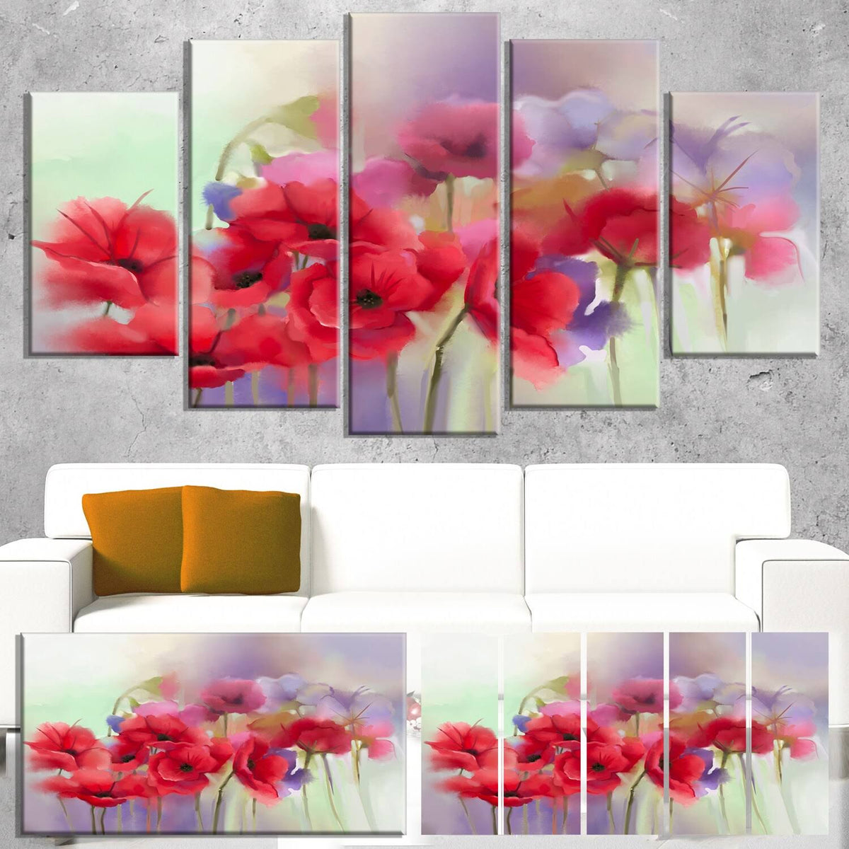 Watercolor Red Poppy Flowers 5 Piece Canvas Painting Set V846466