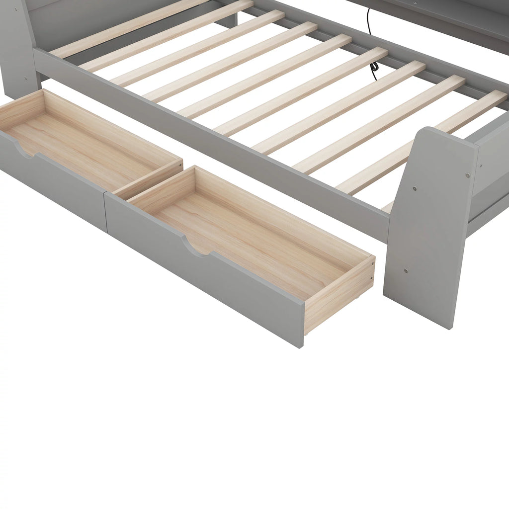 Twin Size Daybed with Shelf, Drawers and Charging Station, Gray B6388