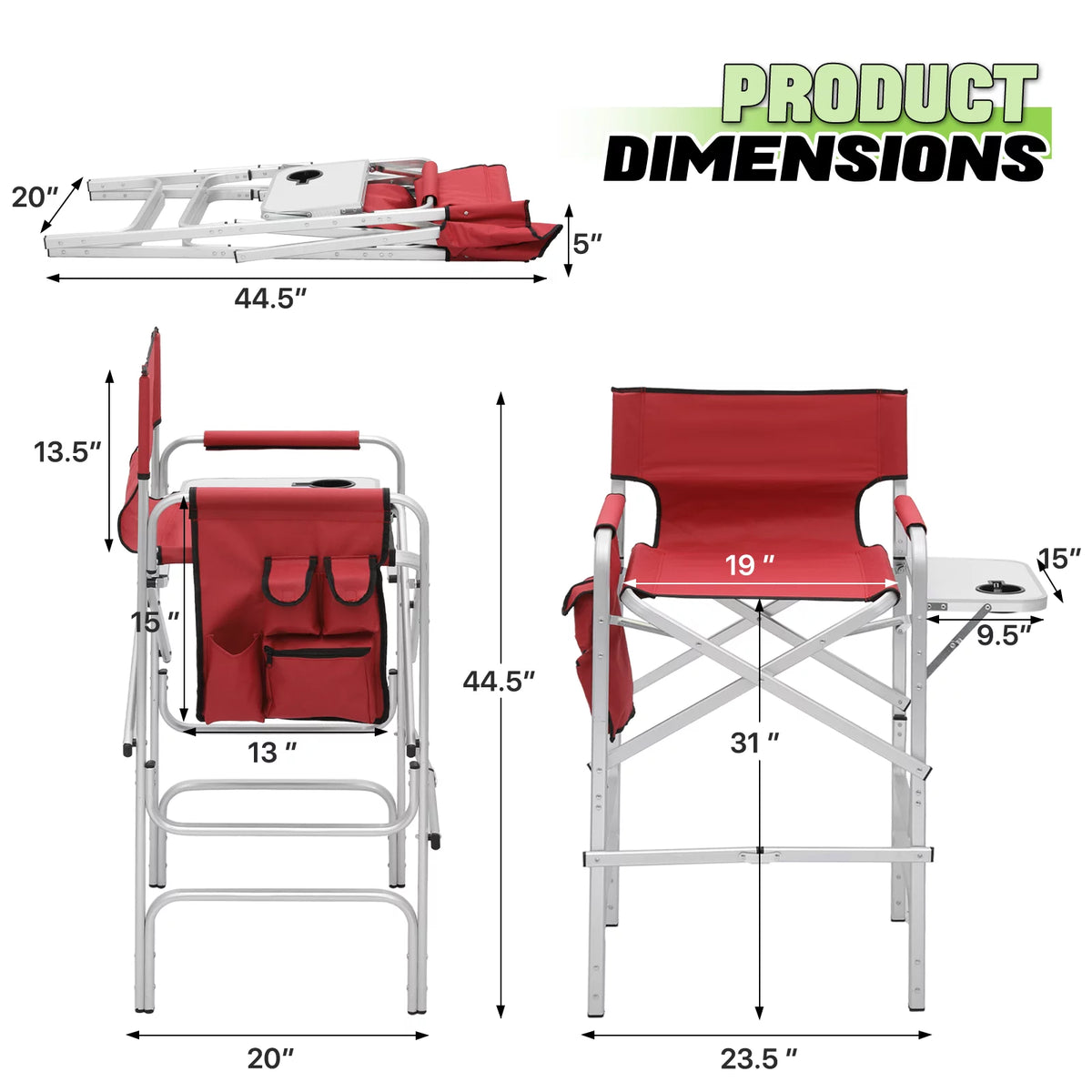 Foldable Camping Director Chair with Side Table & Storage Pocket, Red X121423