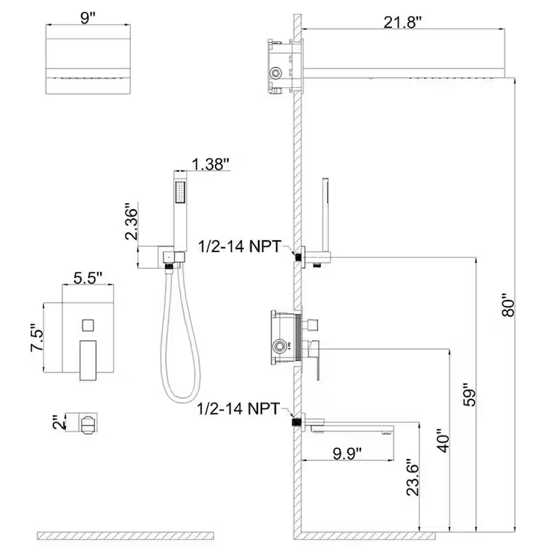 1-Handle 3-Spray Wall Mount Shower Faucet with 9 in. Rainfall Shower Head in Brushed Nickel B1046