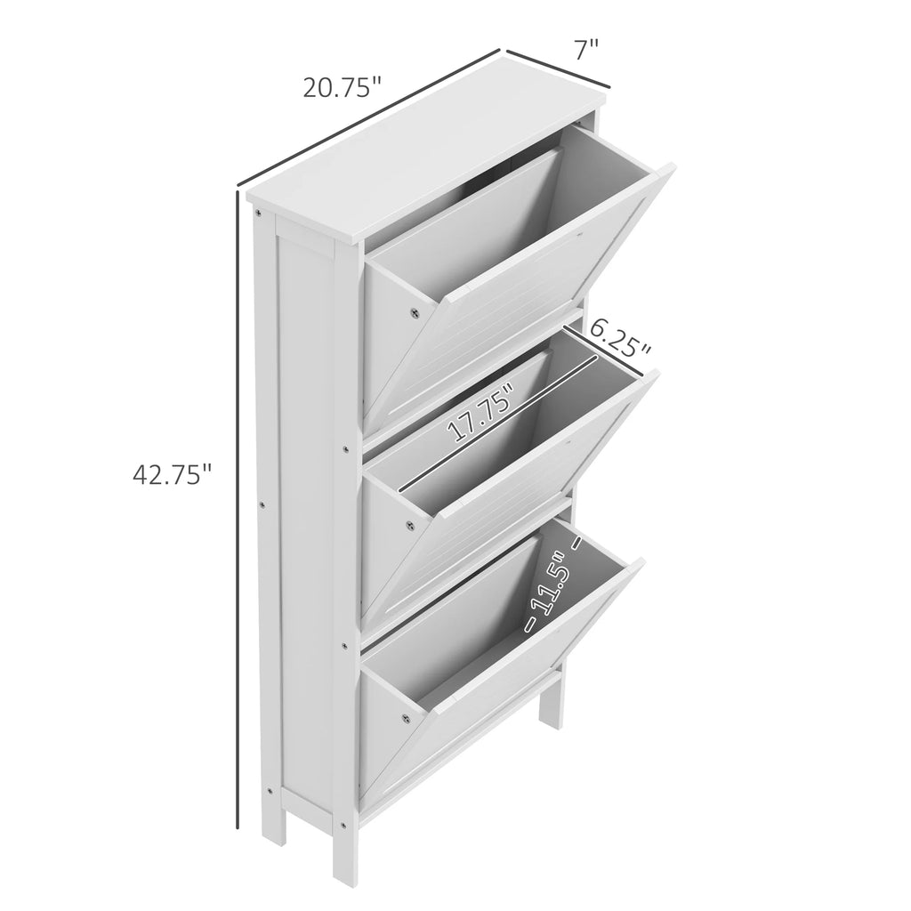 Narrow White Shoe Storage Cabinet with 3 Flip Drawers P223