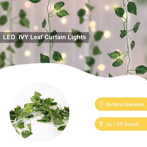 66 LED Ivy Leaf Curtain String Lights Battery Operated Warm White U50082