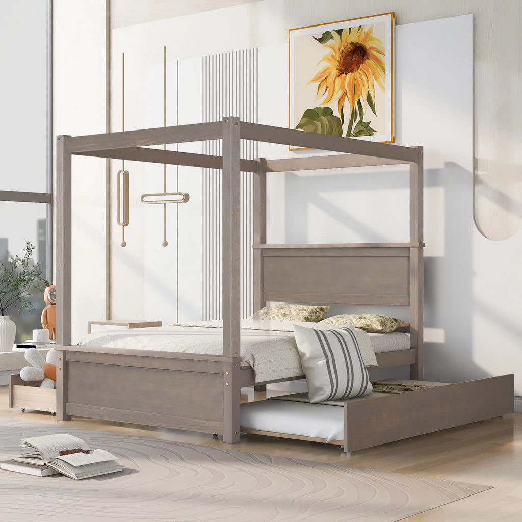 Full Size White Wood Canopy Platform Bed with Trundle Y9066